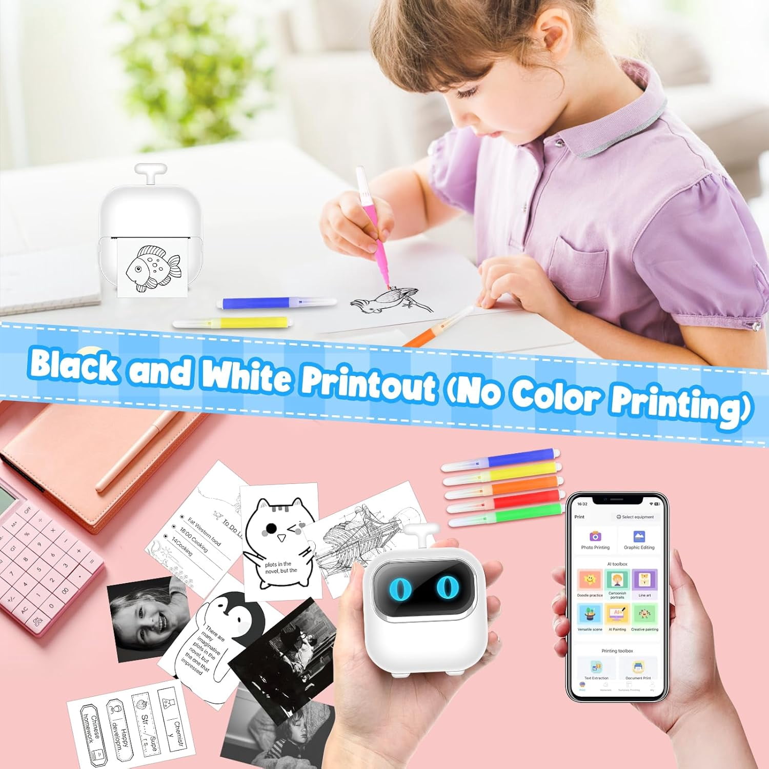 Wiher Mini Thermal Printer, Small Bluetooth Printer for IOS & Android Phone, Pocket Study Printer with AI Painting Function &13 Rolls Paper for Photo Journal Notes Wiher Memo(White)