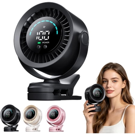 Clip-On Lcd Desk Fan, Clip on Rechargeable Mini Fan, USB Portable Lcd Clamp Fan with Powerful High Speed, Wireless Personal Desk Cooling Fan with Adjustable Clamp for Desk, Office, Home Travel-black
