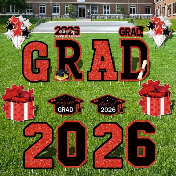 Graduation Yard Signs Class of 2026, 16PCS Large Black Red Congrats Grad Lawn Decorations with 32 Stakes, Waterproof Outdoor Graduation Party Decor for College & High School Celebrations