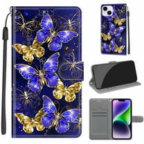 Compatible with iPhone 13 Wallet Case for Men Women, Premium PU Leather Flip Cover with Card Holder, Wrist Strap, Kickstand Shockproof Magnetic Clasp Phone Case, Golden Blue Butterfly