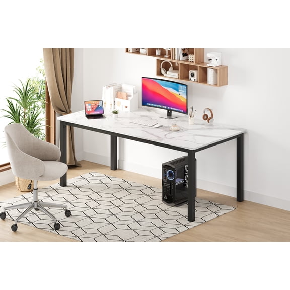 Industrial Dining Table for 6–8 - Long Rectangular Modern Kitchen & Dining Room Table with Sturdy Metal Legs - Wood Grain Finish, Rounded Corners - Versatile for Living Room, Office, or Workspace