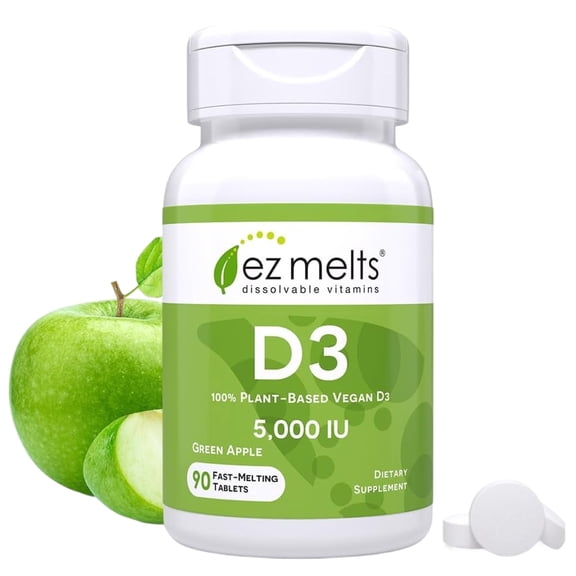 EZ Melts Dissolvable Vitamin D3 5,000 IU - Vegan Vitamin D Supplement for Bone & Teeth Support - No Artificial Flavors - Plant-Based & Non-GMO - Green Apple - 90 Dissolvable Tablets (90 Servings)