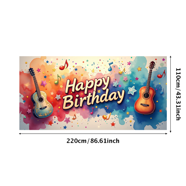Musical Theme Happy Birthday Banner with Guitar and Notes Decorations Background Backdrop for Birthday Party Photography Props and Party Decor Supplies