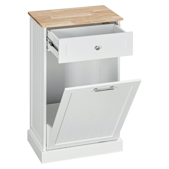 Kitchen Tilt Out Trash Bin Cabinet Free Standing Recycling Cabinet Trash Can Holder With Drawer, White