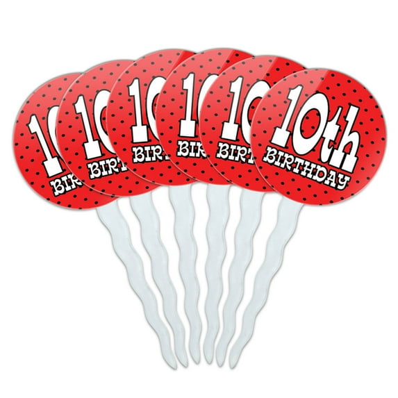 10th Tenth Birthday Red Black Polka Dots Cupcake Picks Toppers - Set of 6