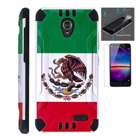 For ZTE Maven 3 / ZTE Prelude 4G LTE 2017 / ZTE Overture 3 Case + Tempered Glass Slim Dual Layer Brushed Texture Armor Hybrid TPU KomBatGuard Phone Cover (Flag of Mexican