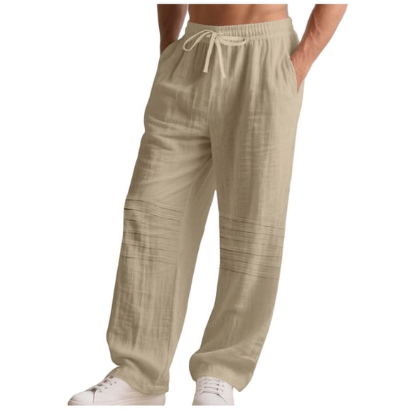 Lmueinov Mens Cotton Linen Pants Lightweight Breathable Drawstring Waist Loose Fit Straight Leg Casual Trousers for Summer Beach Vacation Travel S-3XL