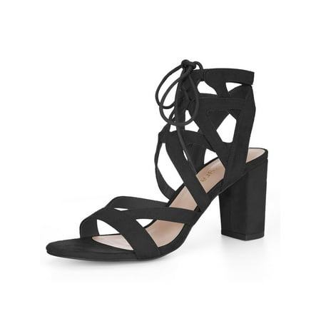 Unique Bargains Women Cutout Strappy Chunky Heel Lace-Up Sandals Black ...
