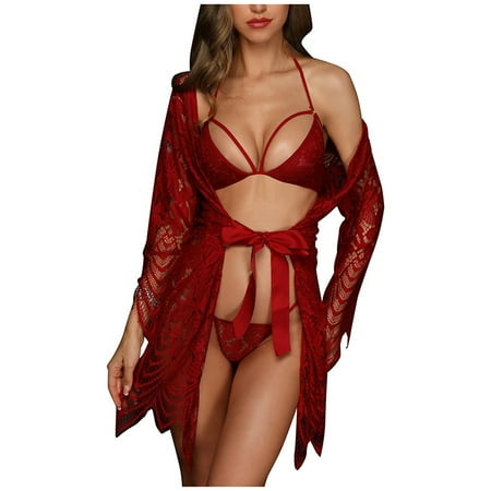 

Zuwimk Lingerie For Women Women Kimono Robe Floral Lace Lingerie Sheer Mesh Nightgown Red M