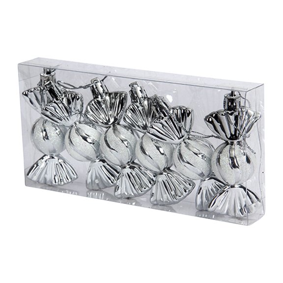AUHomi Sweet Shaped Baubles Candy Ornament Shiny Glitter Silver 6 Pcs 8 cm