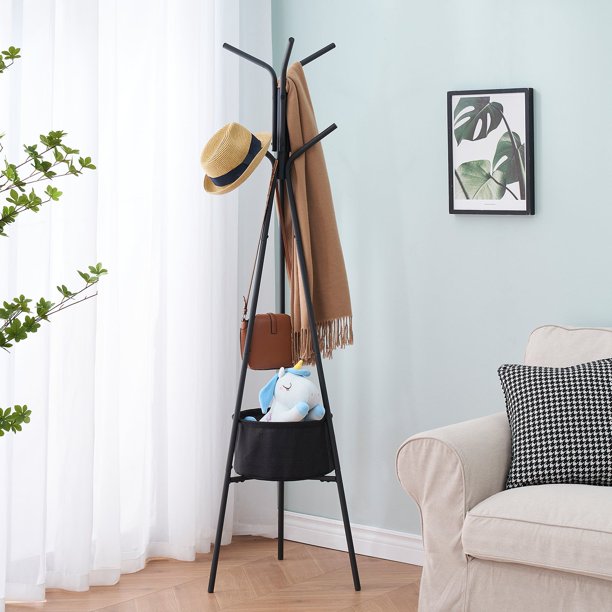 VECELO Metal Coat Hat Rack with Storage Basket , Freestanding Display