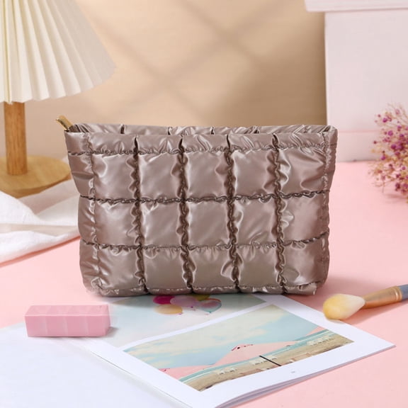 breaise Puffer Quilted Makeup Bag with Handle, Cute Puffy Cotton Cosmetic Bags for Women, Checkered Toiletry Zipper Pouch, Travel Essentials Storage Organizer Clutch Pouches Pencil Case