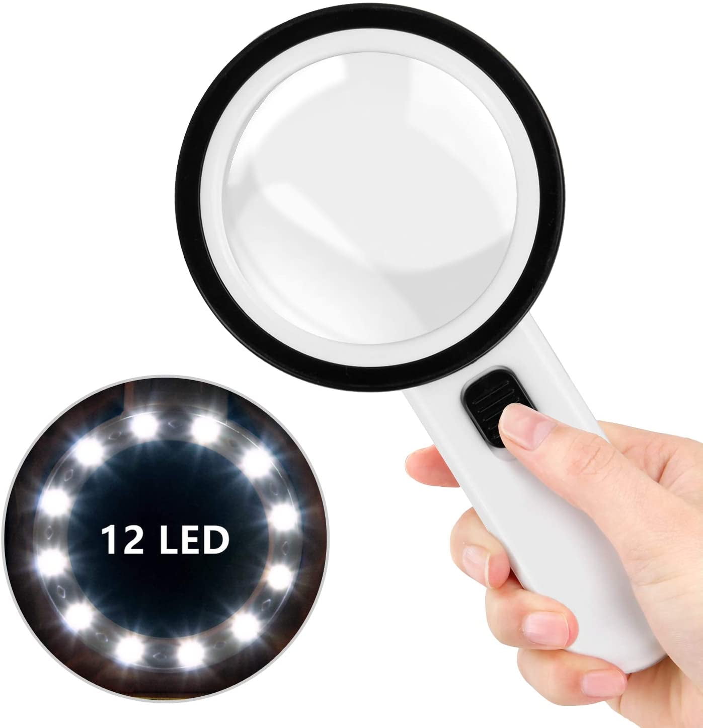 Illuminated magnifier, mature magnifier with 12 LED lights, manual magnifier with 30X lighting