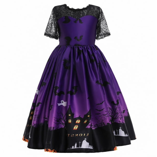 HAWEE Robe de Costume d'Halloween pour Filles, Déguisement Fantôme Citrouille Imprimée, Déguisement de Fête Cosplay