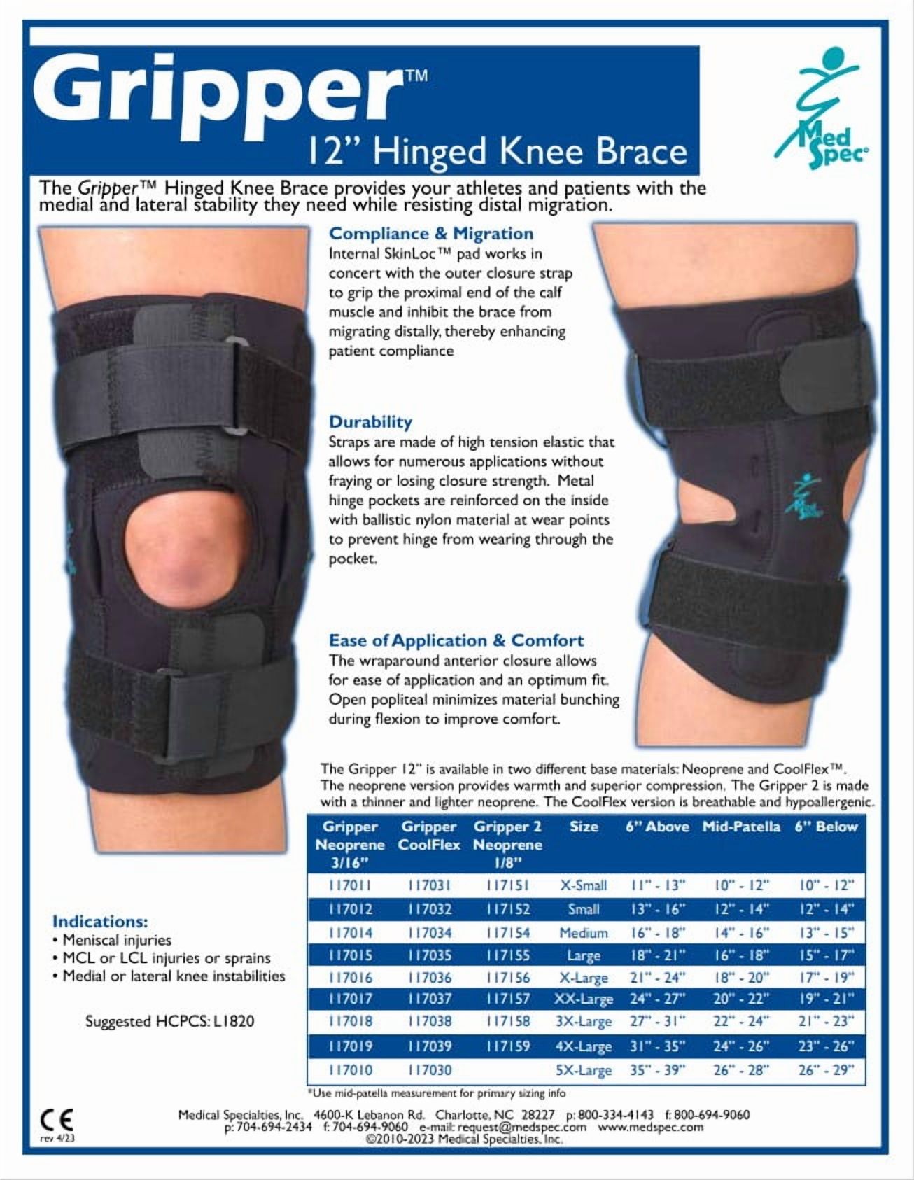 MedSpec Gripper™ 12" Hinged Knee Brace, 3X-Large