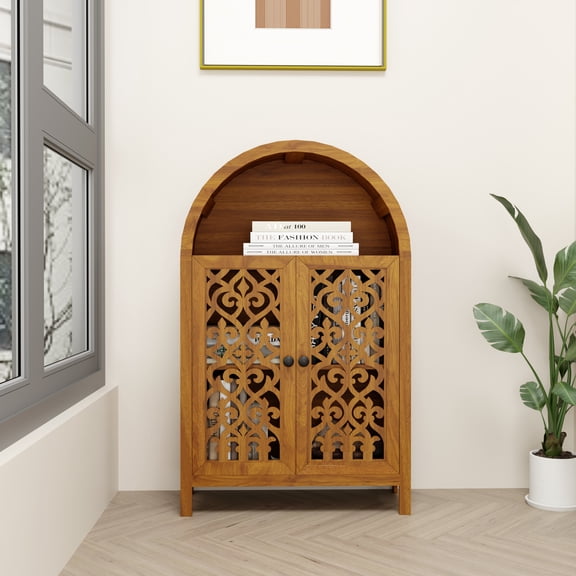 Hand-Carved Arched Cabinet Solid Wood Storage Cabinet with Open Shelf & 2 Doors Tall Narrow Accent Cabinet for Living Room Bedroom Entryway