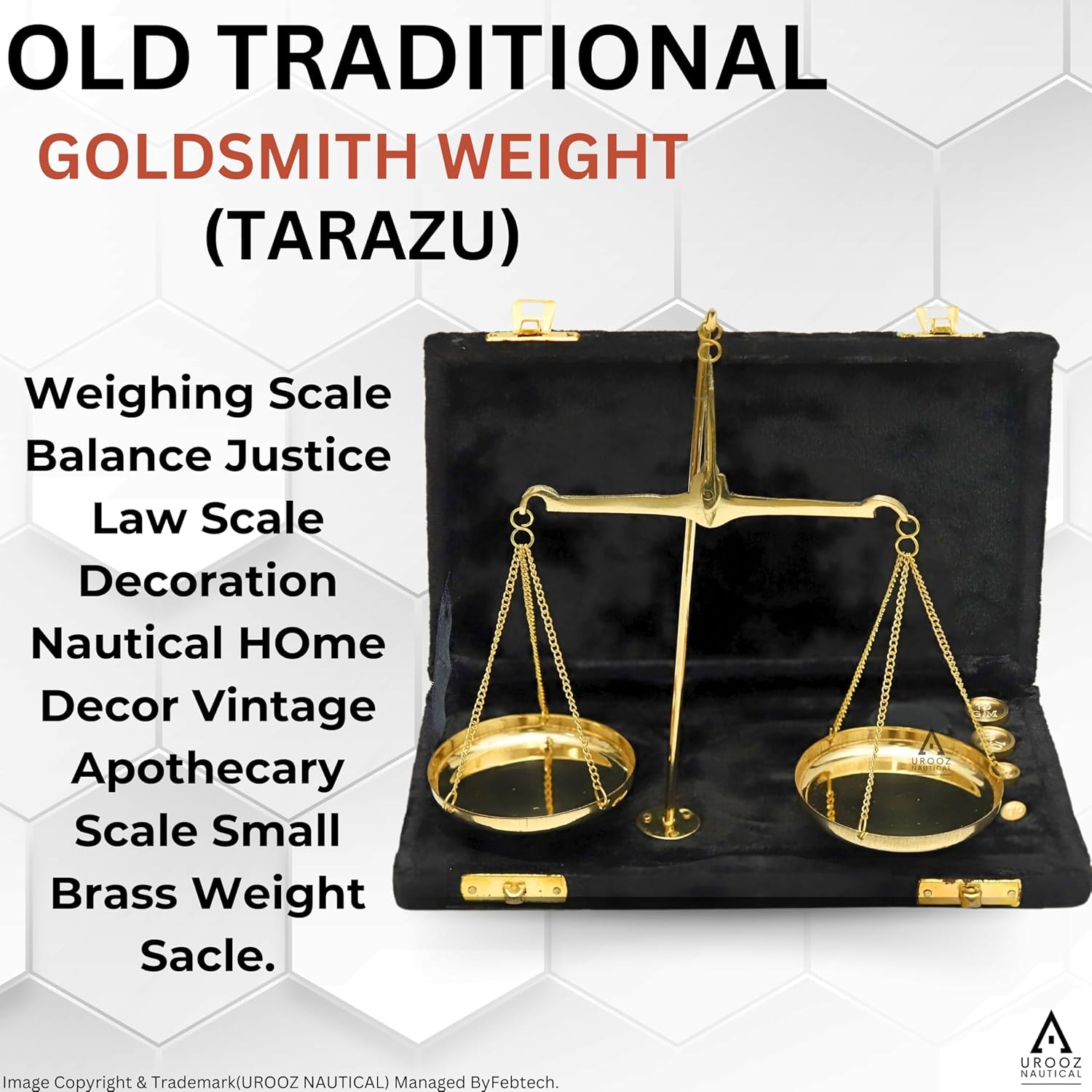 Antique Brass Weight Scale Vintage Apothecary Scale Small Brass Weighing Scale Balance | Brass Shiny Weighing Scale with Mini Precision Weights (1g, 2g, 2g, 5g, 10g, 10g, 20g) in Elegant Velvet Box
