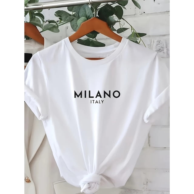 Letter Print Round Neck T-shirt, Casual Sports Women's Short Sleeve Top, Leisure Sports