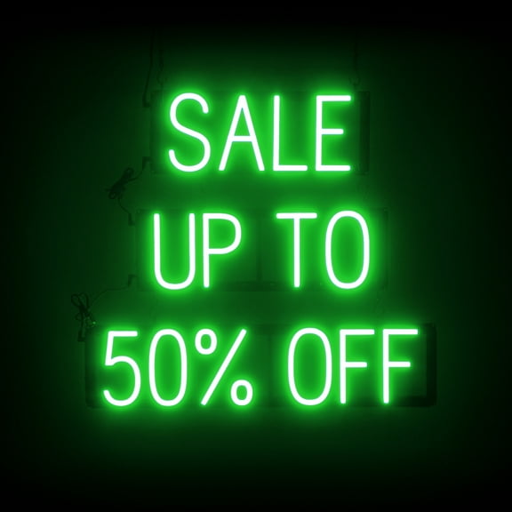 SpellBrite SALE UP TO 50% OFF LED Sign for Business. 26.3" x 23.8" Green SALE UP TO 50% OFF Sign Has Neon Sign Look With Energy Efficient LED Light Source. Visible from 500+ Feet, 8 Animations.