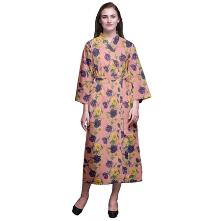 

Bimba Peach Floral Purple & Yellow Flower Cotton Robe Women Long Bridesmaid Getting Ready Shirt Dresses Printed Kimono Robe Cotton L