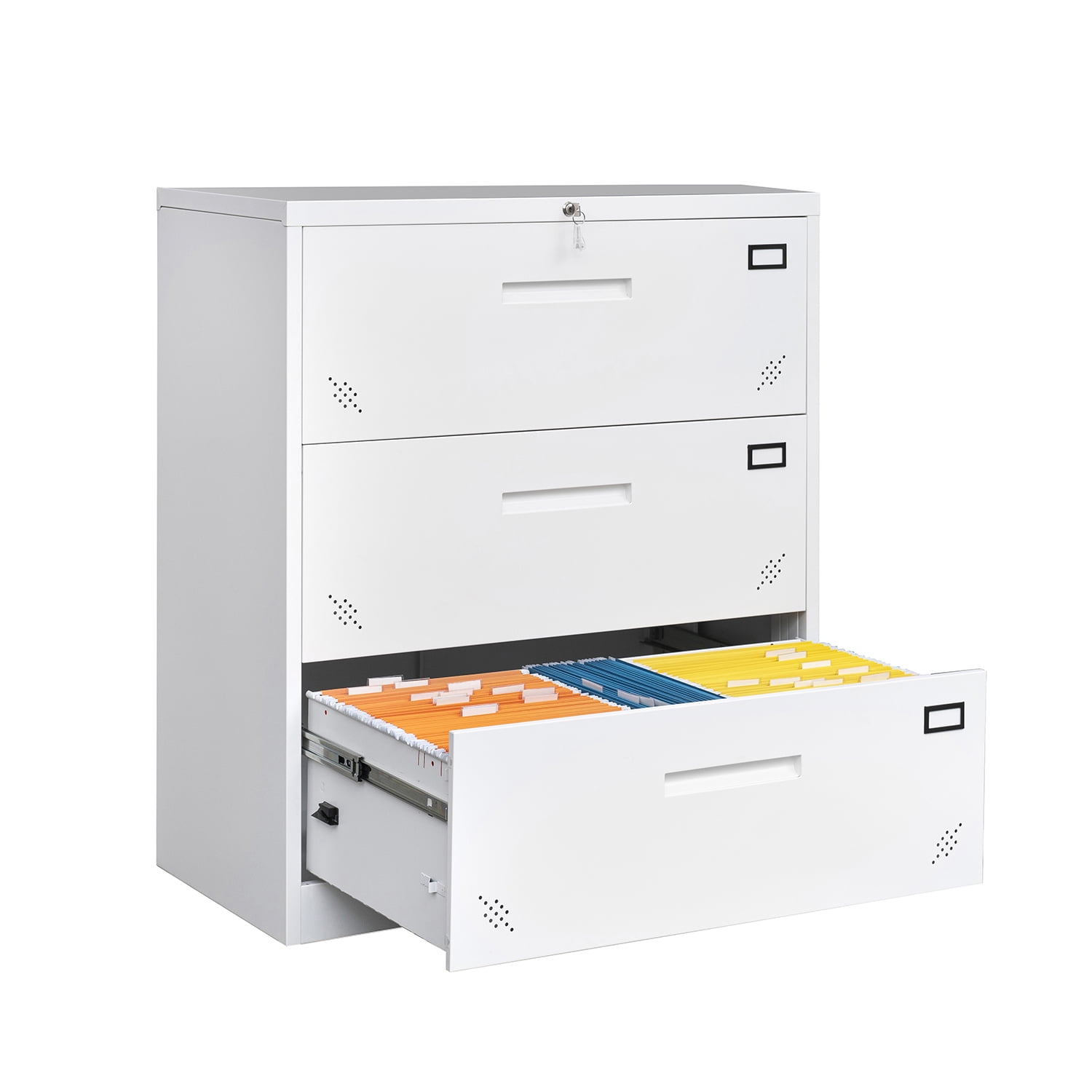 Kadyn Lateral File Storage Cabinet, 3 Drawer Filing Cabinet with Lock, Steel Office Wide File Cabinet for Home Office, White Kadyn Lateral File Storage Cabinet, 3 Drawer Filing Cabinet with Lock, Steel Office Wide File Cabinet for Home Office, White