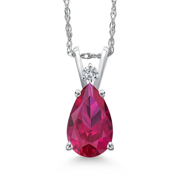 Gem Stone King 14K White Gold Red Created Ruby and Lab Grown Diamond Pendant Necklace for Women | 2.25 Cttw | Gemstone July Birthstone | Pear Shape 10X7MM | With 18 inch Chain
