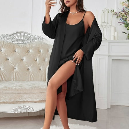 

Nightgown For Womens Lingerie Satin Chemise Lingerie Nightie Full Slips Sleep Dress Slips Sleepwear 2 Pieces Of Nightgown Women Pajama Sets Black S