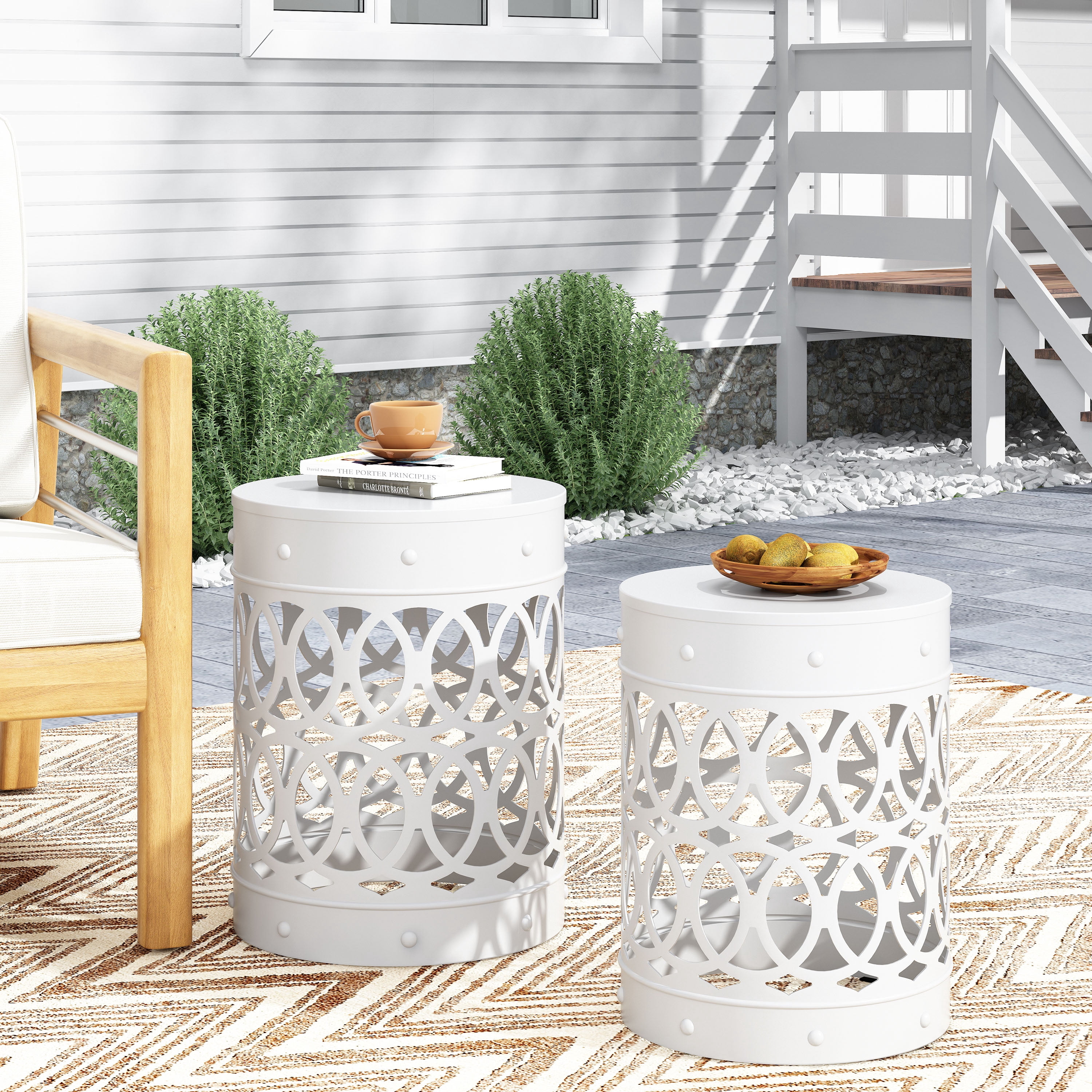 Mintazer Outdoor Side Table Set of 2, Modern Iron Cut PatioTable with Overlapping Circle Pattern, White