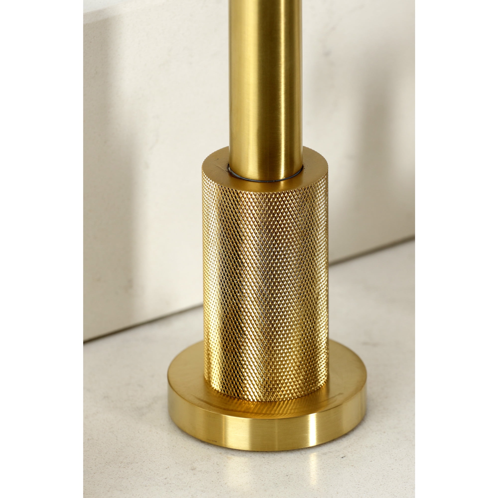 Kingston Brass KS8727KNLBS Convergent Double-Handle 4-Hole Widespread Kitchen Faucet with Knurled Handle 4-Hole and Brass Sprayer in Brushed Brass