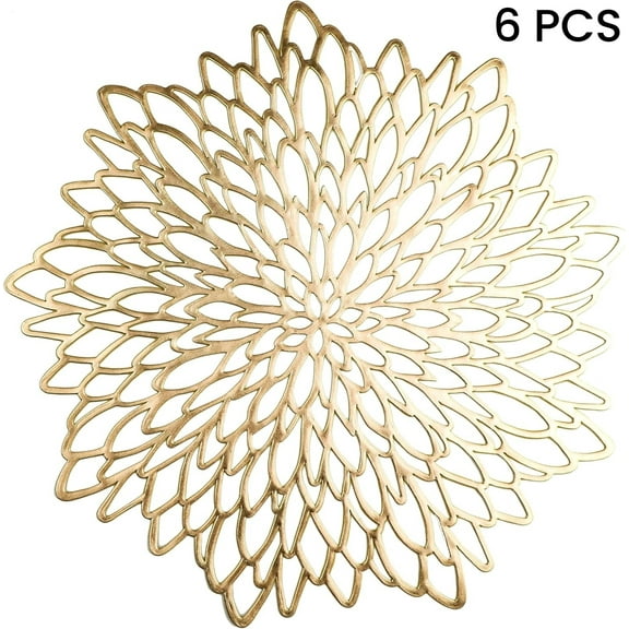 LQQBOX Pack of 6 Gold Metallic Round Placemats Bulk Round Pressed Vinyl Leaf Dinning Kitchen Table Mats Decoration for Christmas Wedding Thanksgiving Party