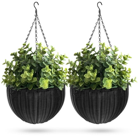 Best Choice Products Set of 2 Patio Round Garden Wicker Rattan Pot Hanging Planters w/ Triple-Chain Hanger, (Best Flowers For Hanging Pots)
