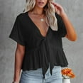 thumbnail image 2 of Women's Plus Size V Neck Short Sleeve Blouse Ruffle Hem Tie Front Crop Top Lightweight Summer Casual Tunic Shirt, 2 of 5