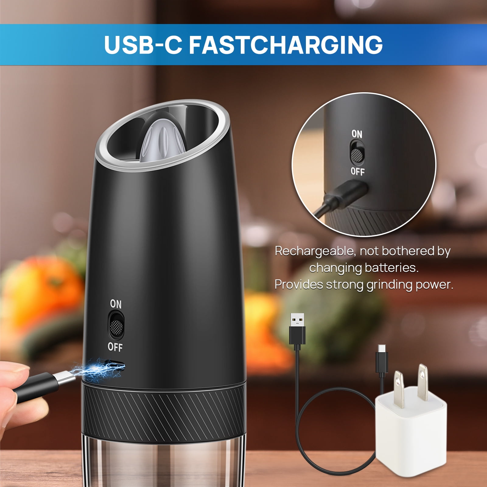 AGCAN Gravity Electric Salt and Pepper Grinder Set, Rechargeable Automatic Salt and Pepper Mill Set with LED Light, One Hand Operated, Adjustable Coarseness, 9 oz Large Capacity, 2 Pack