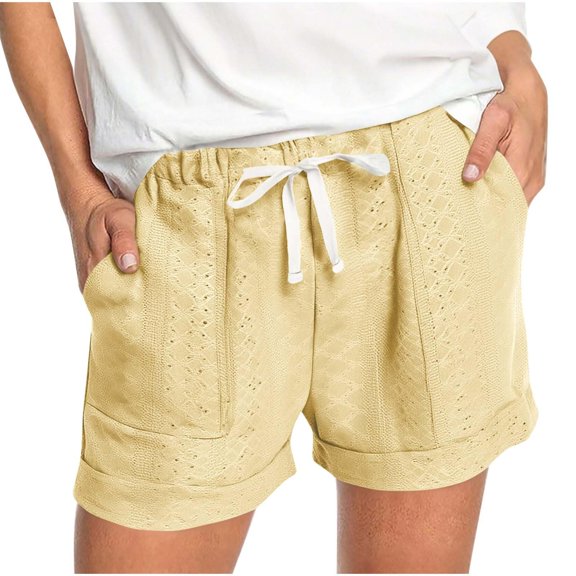 Arlun Cute Beach Shorts for Women Elegant Bohemian Style Casual Summer Elastic Waist Drawstring Eyelet Shorts with Pockets Summer Holiday and Daily Wear Yellow XL