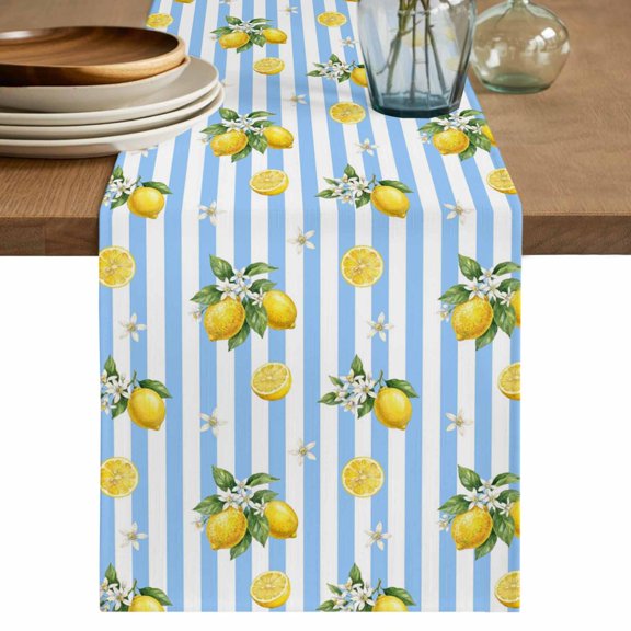 Cute Lemon Summer Table Runner 60 Inches, Farmhouse Floral Blue Striped Bed Runner Dresser Scarves Tabletop for Indoor Outdoor Parties/Ceremony/Banquet, 13" x 60"