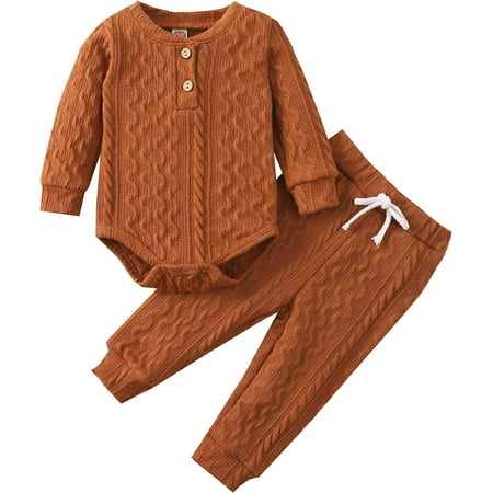 

Newborn Baby Boy Girl Clothes Ribbed Knitted Cotton Long Sleeve Romper Long Pants Solid Color Fall Winter Outfits