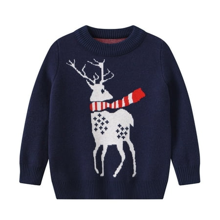 

2024 Toddler Girls Christmas Deer Sweater Long Sleeve Warm Knitted Pullover Knitwear Xmas Tops Christmas Warm Cartoon Elk Print Long Sleeve Knitted Sweater Blue (80)