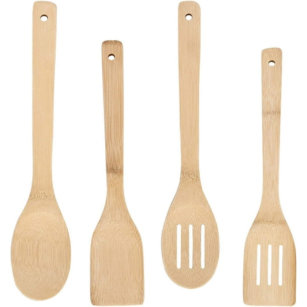 Utensilios de cocina de bambú Juego de utensilios de cocina de bambú Juego de utensilios de cocina de espátula de bambú para cocinar, sartenes antiadherentes naturales y saludables, 4 piezas JFHHH pequeña