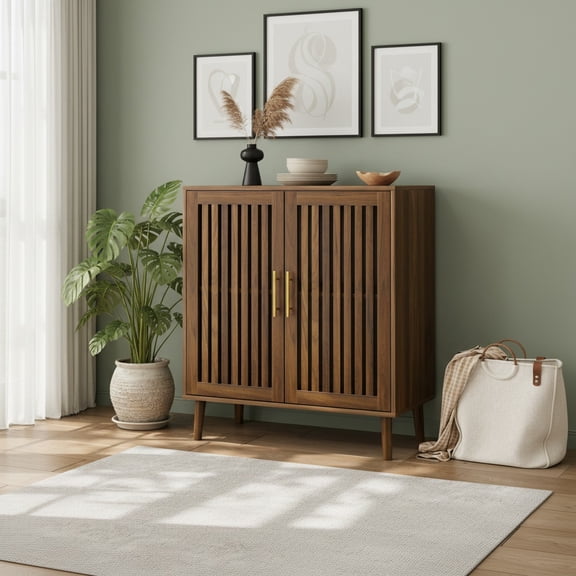 MORPAZX Farmhouse Buffet Cabinet with Louvered Doors, Walnut, 31.5" W