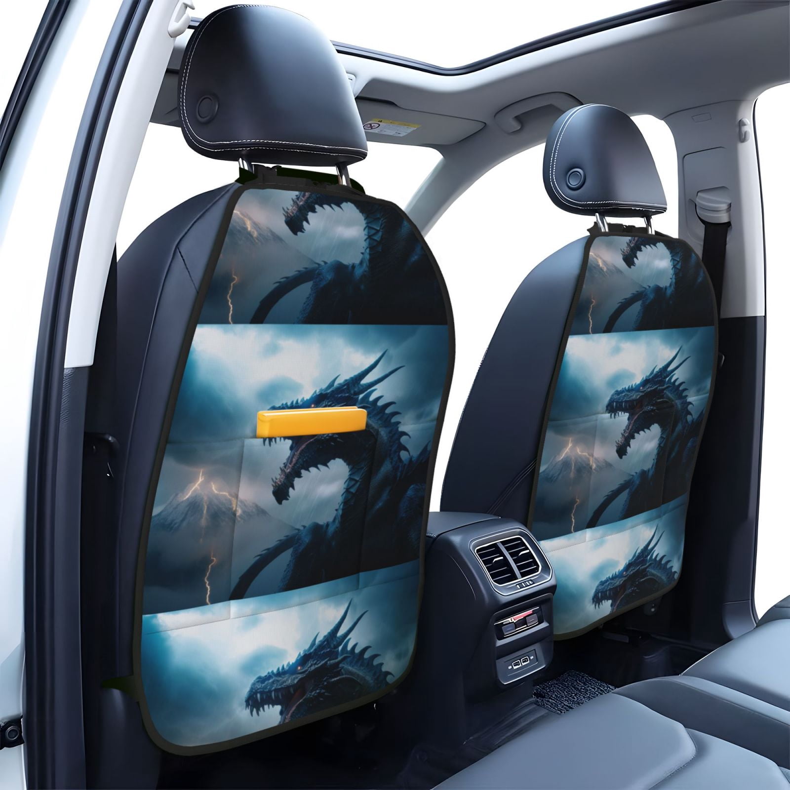 Xecao Blue Thunder Storm Dragon Pattern Car Seat Back Protector 2 Pack Large Capacity Pocket, Kick Mats Back Seat Protector