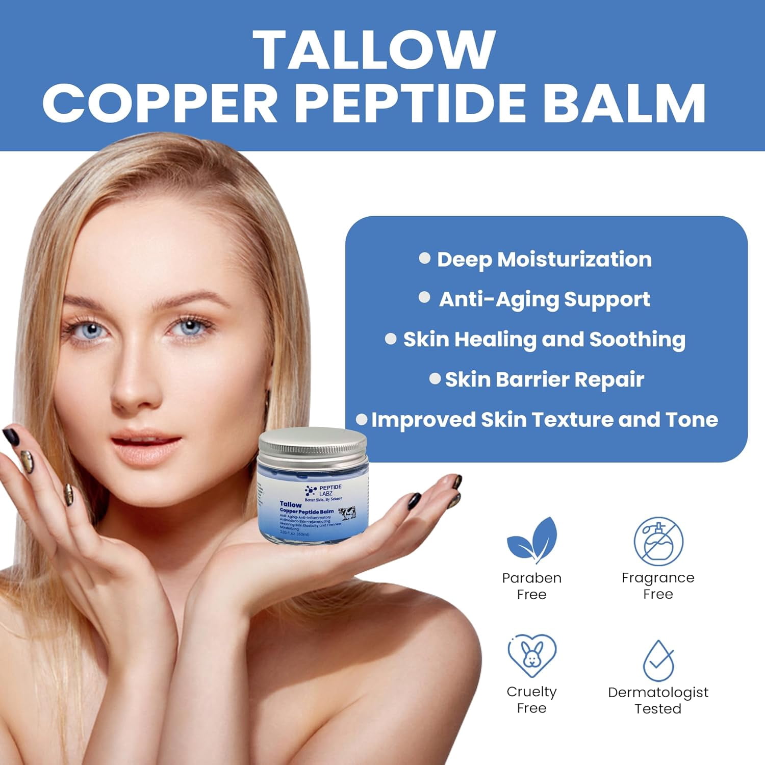 Peptide Labz Copper Peptide Balm with Grass-Fed Tallow & Honey Extract – Copper Tripeptide-1, Licorice Root – Nourishing Skin Moisture Balm