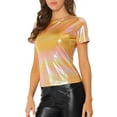 thumbnail image 4 of INSPIRE CHIC Women's Metallic Textured Short Sleeve Shiny Party Tops L Pink Orange, 4 of 6