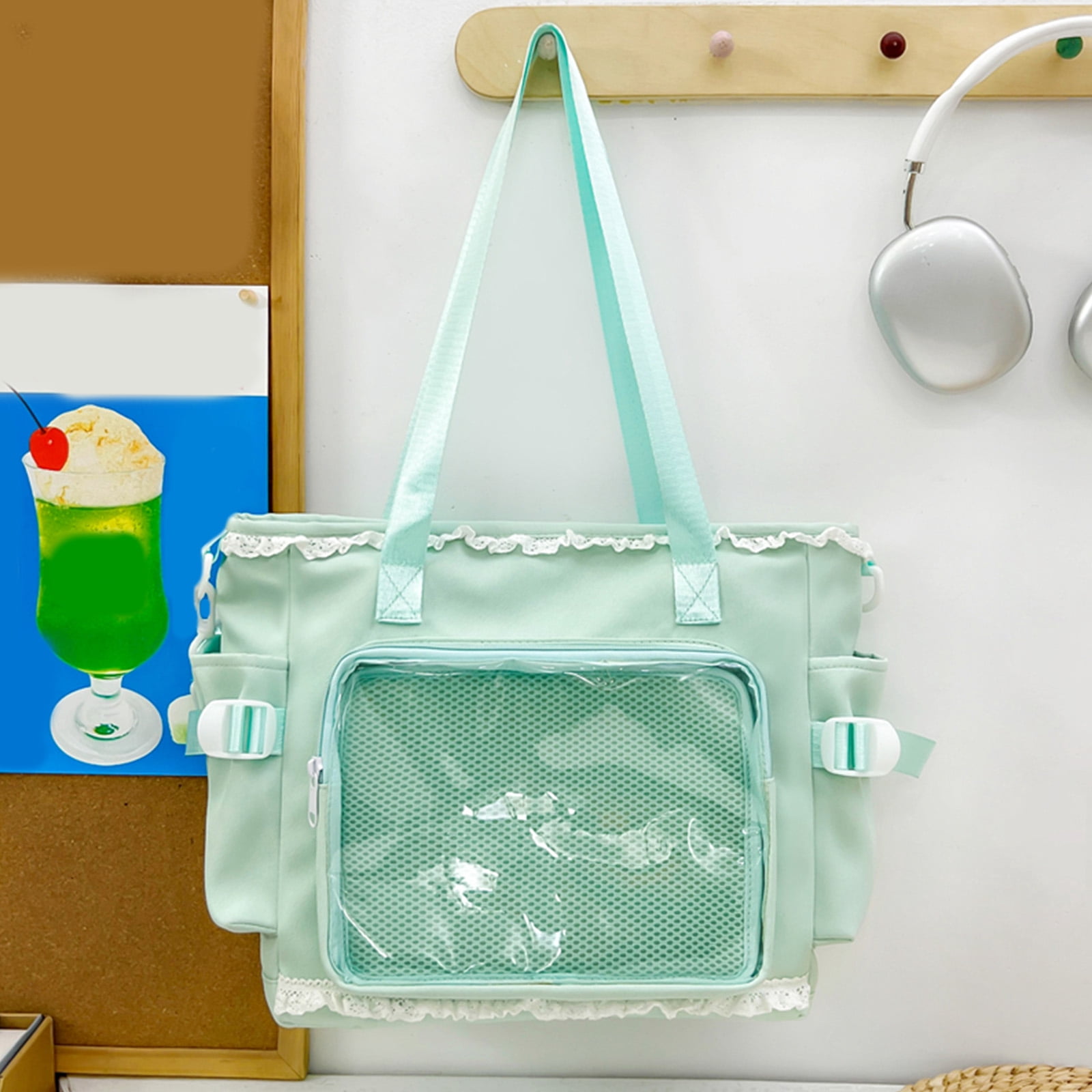 HUISZJ Women Preppy Messenger Bag, Adjustable Strap Preppy Y2K Messenger Bag, Cute Bow Anime Crossbody Bag for Travel Work (Green)