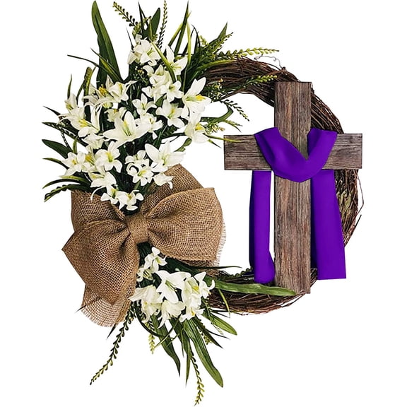 Easter Cross Wreath for Front Door with White Lilies and Burlap Bow, Spring Religious Decor