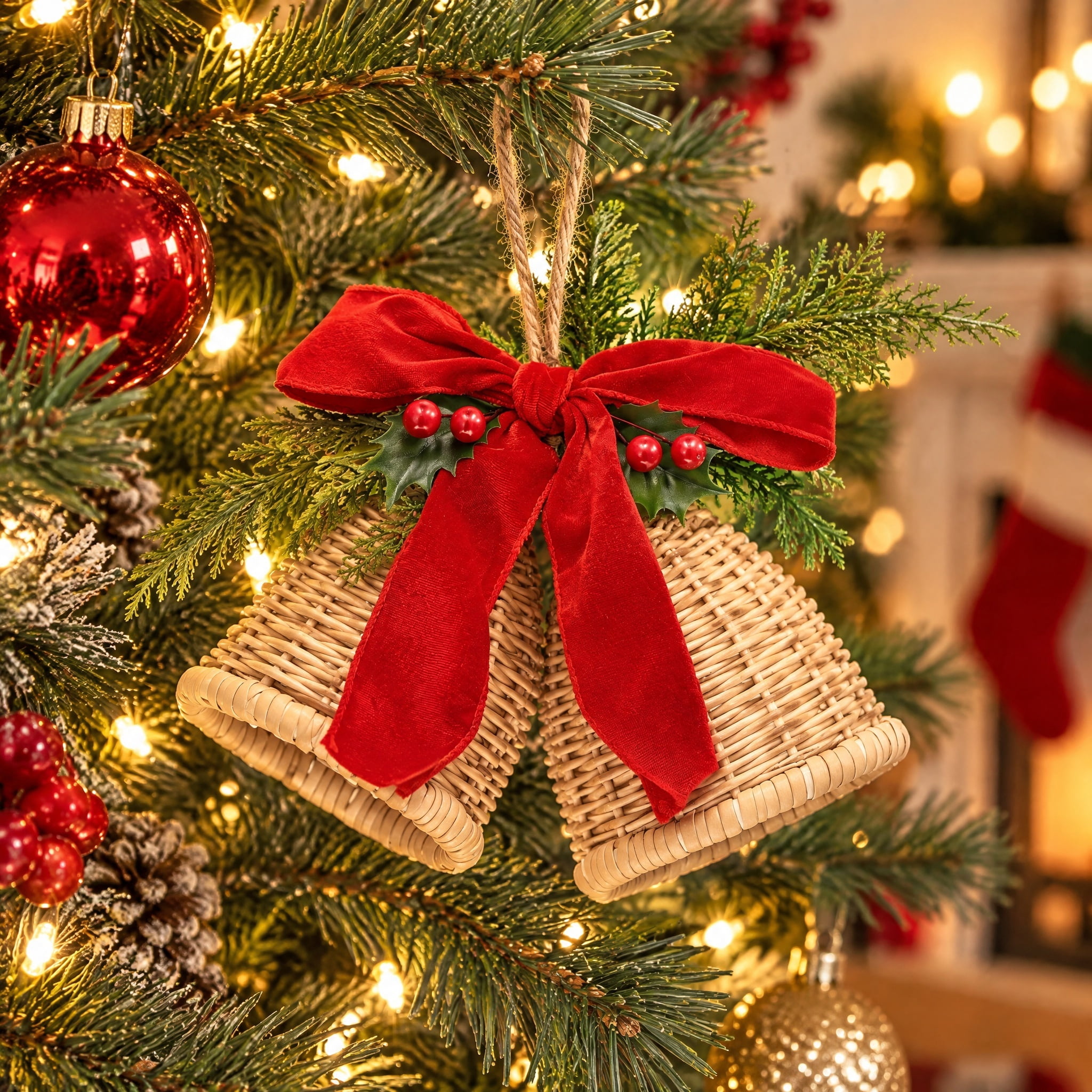 Woven Bells with Bow Hanging Christmas Decoration, Brown/Red/Green, 11.5", by Holiday Time