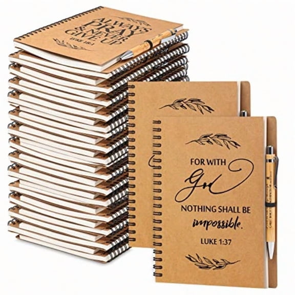 60 Pcs/ 30 Set Christian Gift Bulk A5 Spiral Notebook 5.5x8.3 Christian Prayer Journal Bible Ballpoint Pen Religious Valentines Church Gift for Women Women's Day Sunday School Teacher Brown