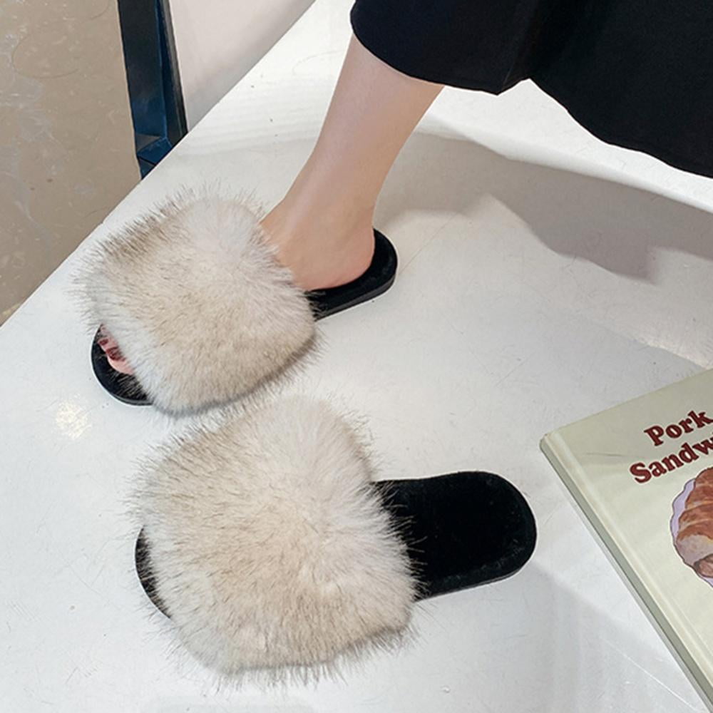 Crazy Lady Women's Fuzzy Fluffy Furry Fur Slippers Flip Flop Open Toe Cozy House Sandals Slides Soft Flat Comfy Anti-Slip Spa Indoor Outdoor Slip on
