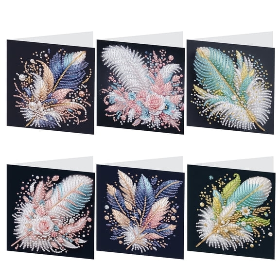 6pcs Diamond Art Painting Set Greeting Card, Colourful Feather 5D DIY Special Shape Diamond Greeting Card Creative Gifts, Christmas Thanksgiving Greeting Card Congratulation