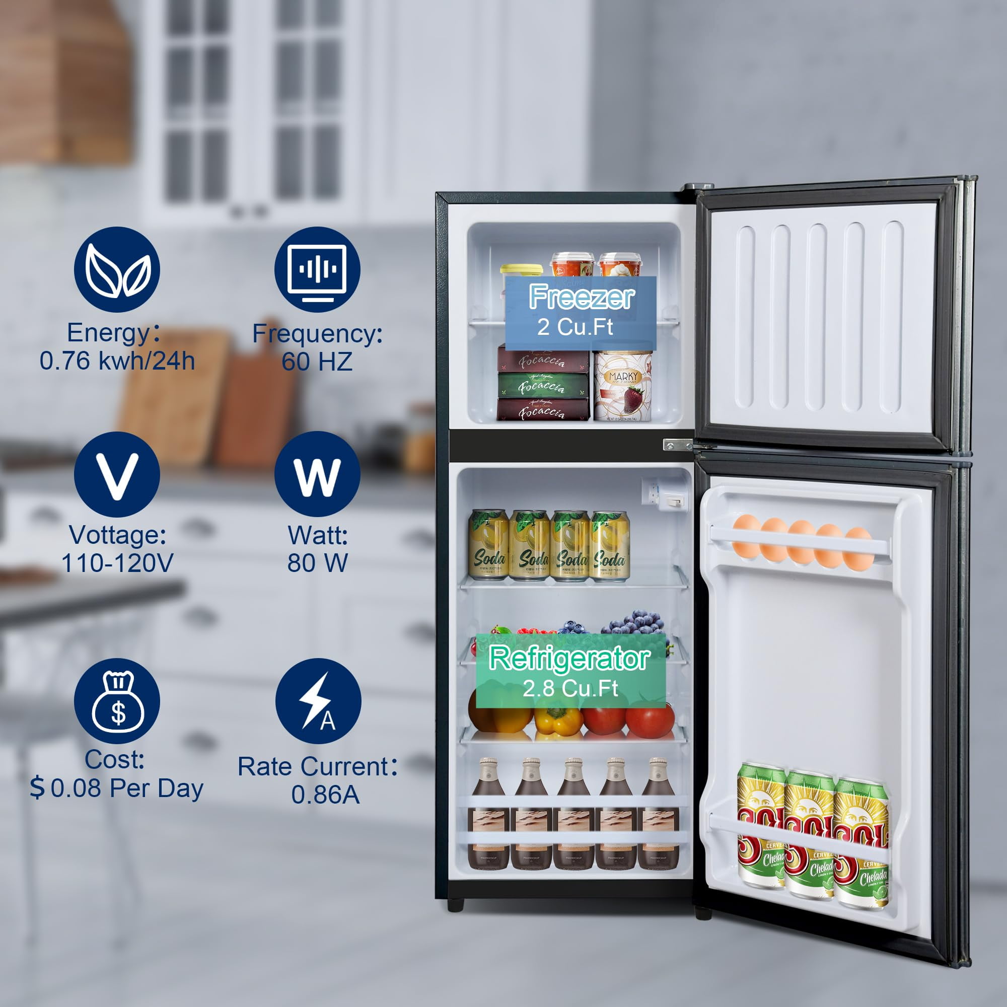 4.8 Cu.Ft Apartment Refrigerator with Freezer, Adjustable Thermostat Removable Glass Shelves, Quiet R600 Compressor Space Saving for Dorm Office RV Kitchen, Black