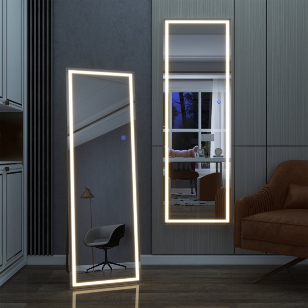 Neutype 63"x16" Modern Rectangle Right Angle LED Full Length Mirror Floor Mirror,Silver